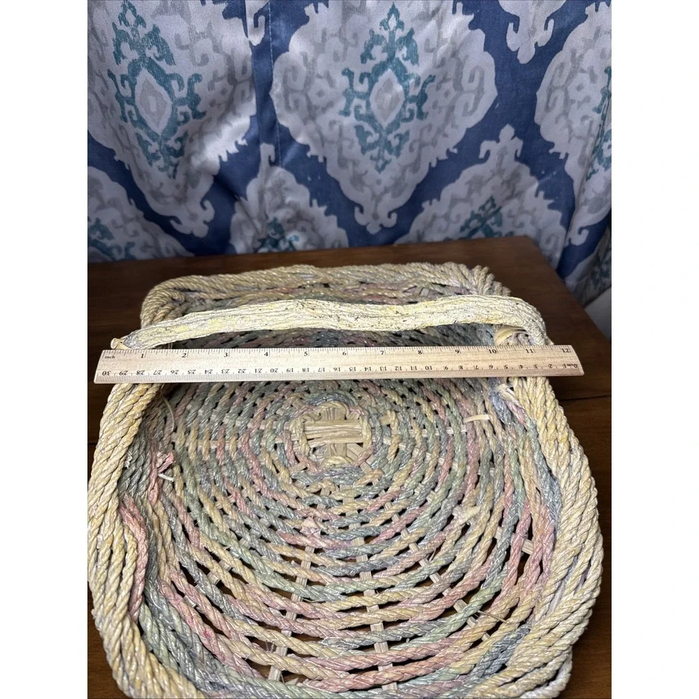 Vintage Rope Gathering Basket‎ Large Distressed Branch Handle Pastel Colors